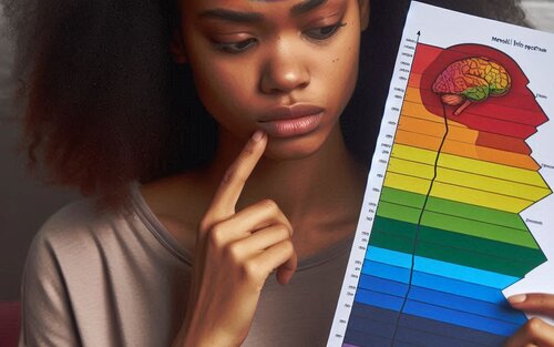 An image of a young girl with a rainbow on her forehead and in in one hand she has a rainbow coloured chart showing the importance of mental health and the other hand is near her face with her index finger pointing at her lip. | © Bings Copilot