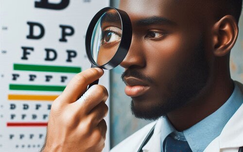A Young boy in a white Doctors coat getting an eye examination. He has a magniftying glass near his eye and reading a chart of letters | © Bing’sCopilot