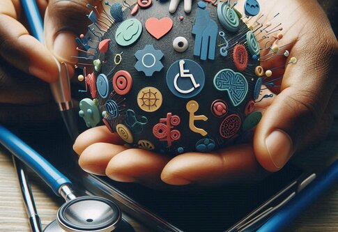 A persons hand, holding a round ball which has little images of disability related icons and lots of neural links displaying the human brain | © Bing Copilot