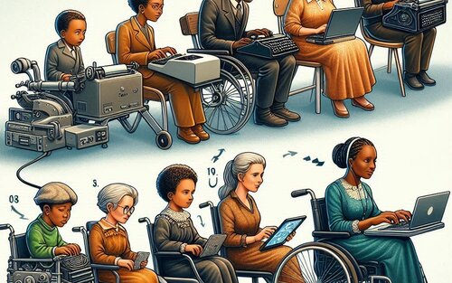 An image of different people both men, women and children using different technology tools, showing evolution. i.e. a typewriter to a computer | © Bing Copilot