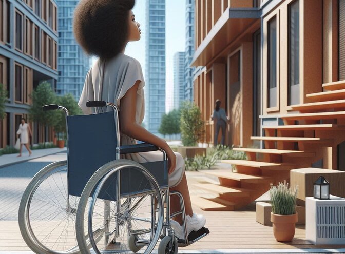 A girl in a wheelchair facing a set of stairs - how can she entre?