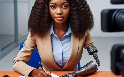 A lady with a prosthetic limb working as a news anchor, she is seated at a table with a microphone in front of her  | © Copilot