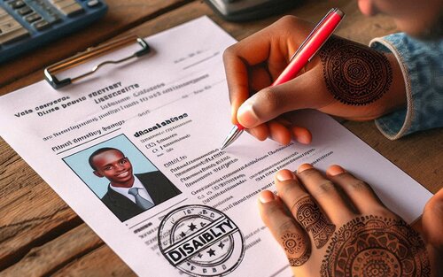 a young man writing a CV and including his disability on it. The man has tattoos on both his hands  | © Copilot