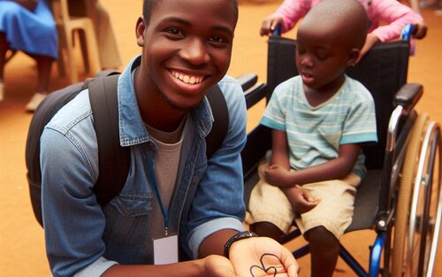 A young man volunteering in an inclusive school, he is squatting in front of a little boy in a wheelchair  | © Copilot