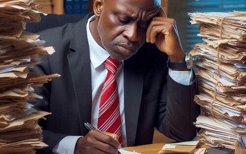 A man seated at his office desk which has piles of papers.  | © Copilot