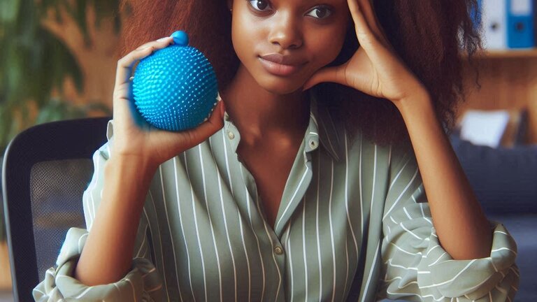 A yound lady seated at her office desk, she is holding a stress ball