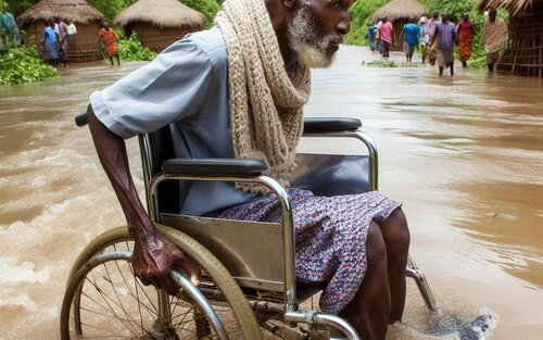 A visually impaired old man on a wheelchair trying to cross a flooded river, other people are walking by on the water | © Copilot