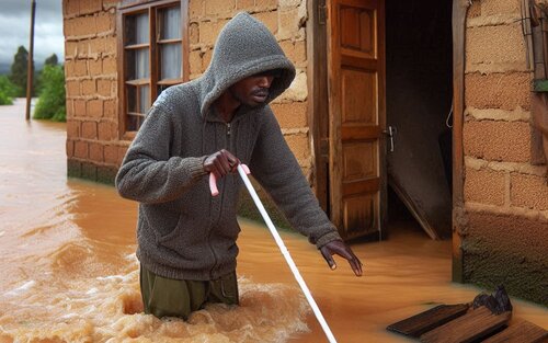 A visually impaired man finding his way through a flooding situation | © Copilot