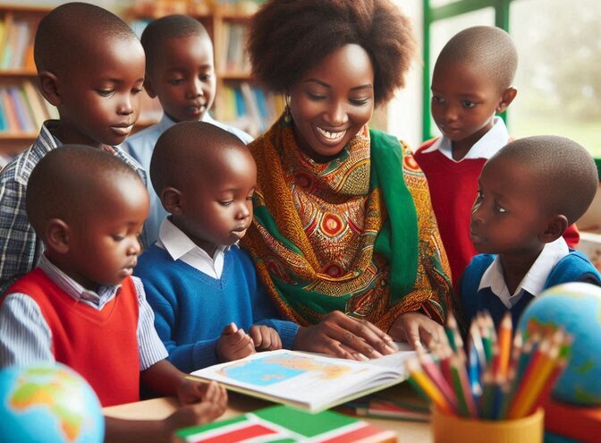 A teacher and her pupils reading a book in class | © Copilot