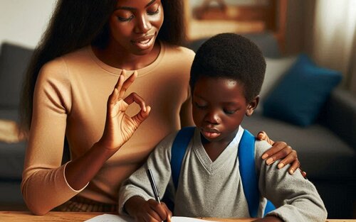 A mother homeschooling her son at  home using sign language, the son is writing on a book an the mother is signing the word, "smart" | © Copilot