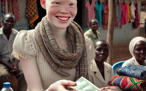 A young lady with albinism receiving financial assistance to boost her business. She is standing besides the cloths that she sells | © Copilot